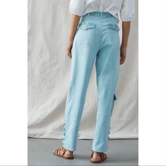 Anthropologie Straight Utility Pants Blue Floral Cargo Wide Leg Size 8 - Picture 4 of 11